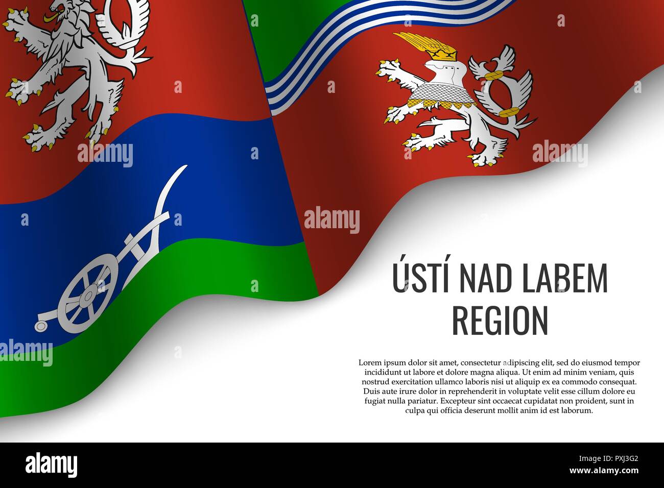 Wehende Flagge von Ústí nad Labem Region ist eine Region der Tschechischen Republik auf weißem Hintergrund. Vorlage für Banner oder Poster. Stock Vektor