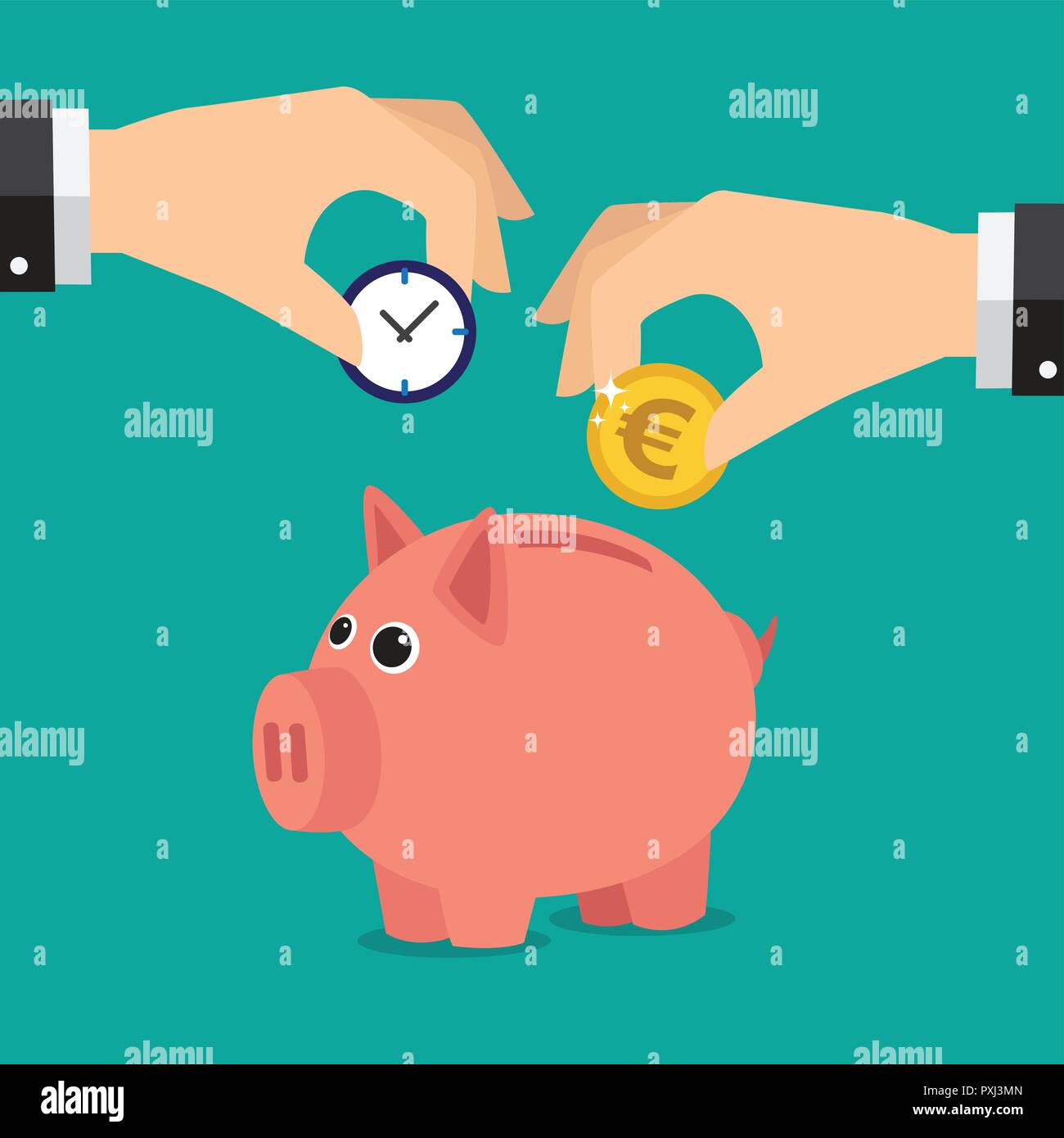 Sparen Sie Zeit und Geld mit einem Sparschwein. Abbildung in Vektoren. Stock Vektor