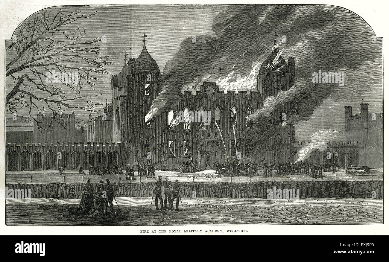 Königliche Militärakademie in Woolwich, Feuer 1873 Stockfoto