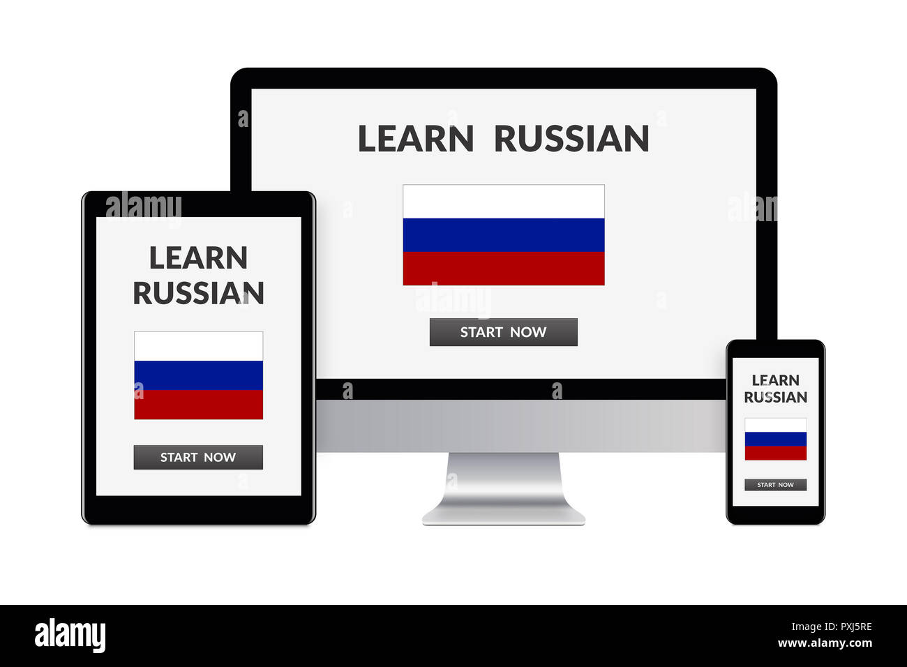 Desktop-PC, Tablet-PC und Smartphone auf Weiß mit Russisch lernen Konzept auf dem Bildschirm isoliert. Digital generierten Geräte. Stockfoto