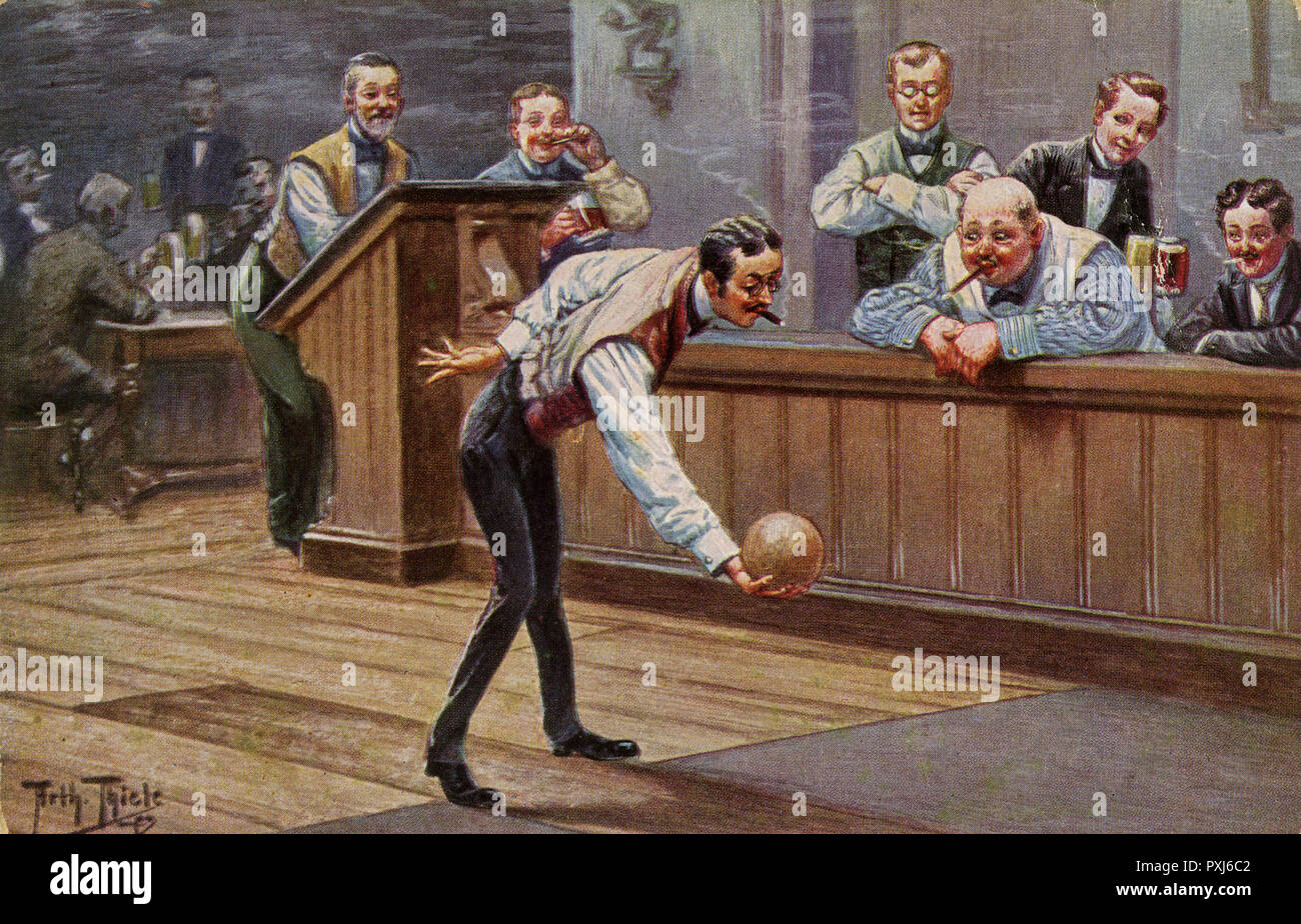 Ein Gentleman, der in einer Kegeln-Gasse in einer deutschen Bierhalle bowlt Stockfoto