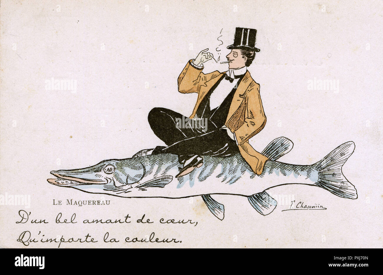 Französische humorvolle Postkarte - Gent reitet auf einem Pike Stockfoto