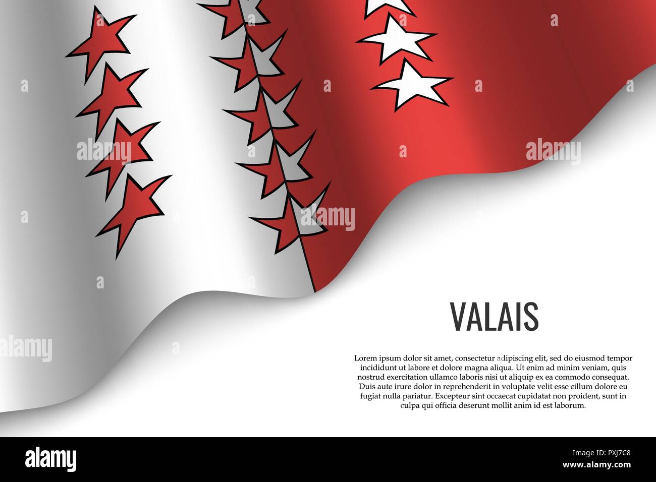Wehende Flagge Wallis ist eine Region der Schweiz auf weißem Hintergrund. Vorlage für Banner oder Poster. Stock Vektor
