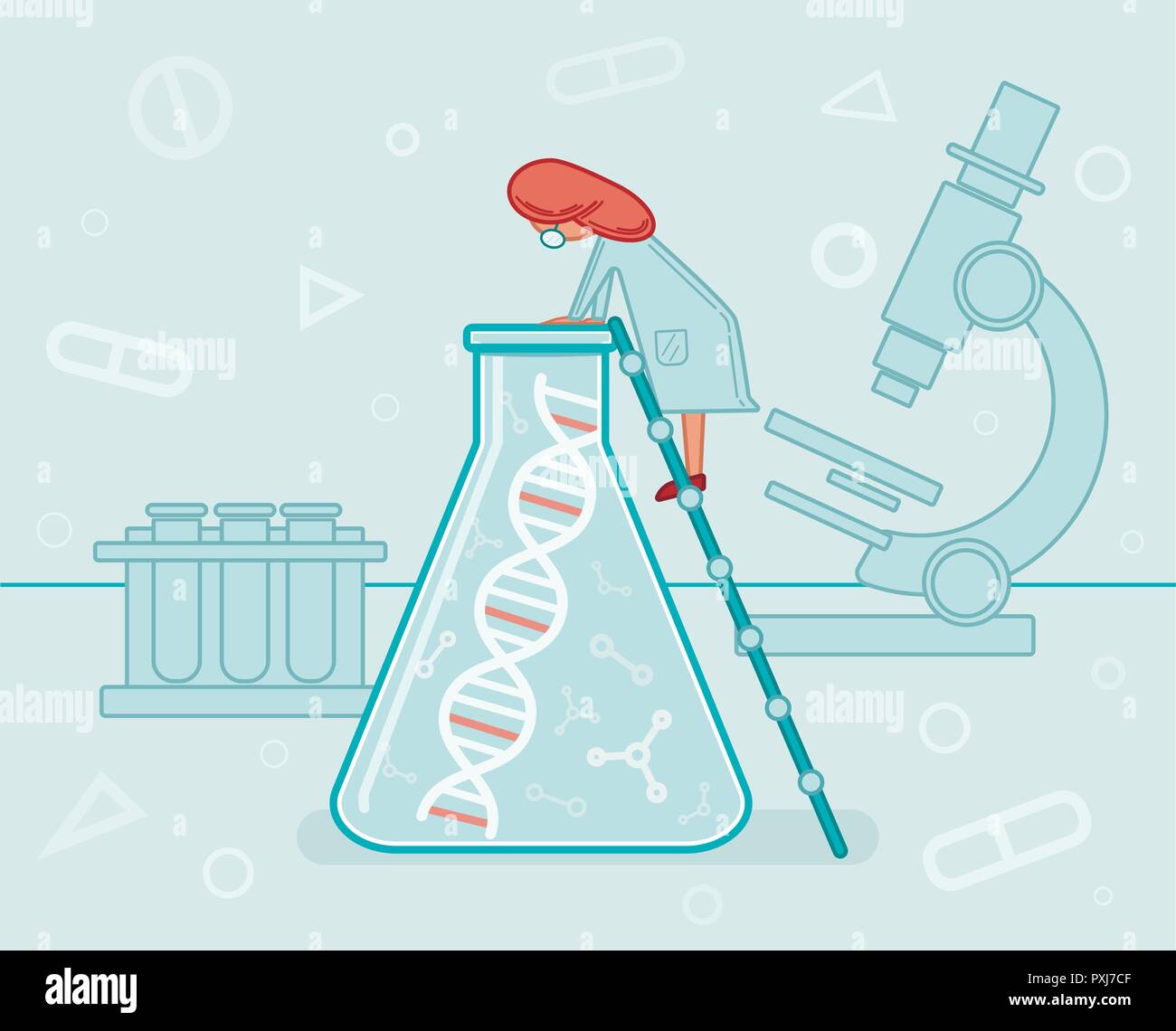 Genomsequenzierung, DNA, DNA-Forschung, Wissenschaftler im Labor, Medizin, Illustration, Vektor. Stock Vektor