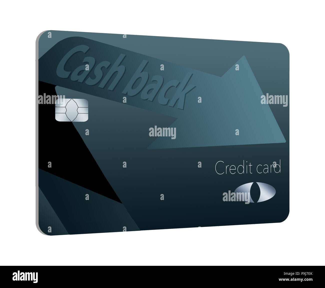 Hier ist ein Cash Back Kreditkarte belohnt. Es ist blau und schwarz mit einem Pfeil, der die Richtung der Cash Back auf den Karteninhaber kommen. Stockfoto