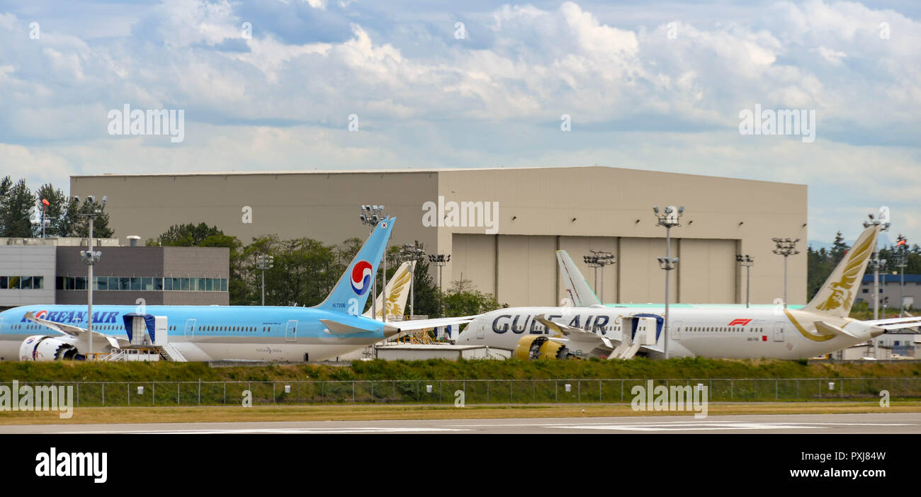 EVERETT, Washington State, USA - JUNI 2018: Panoramablick der neuen Boeing 787 Dreamliner in der Fabrik in Everett Boeing Stockfoto