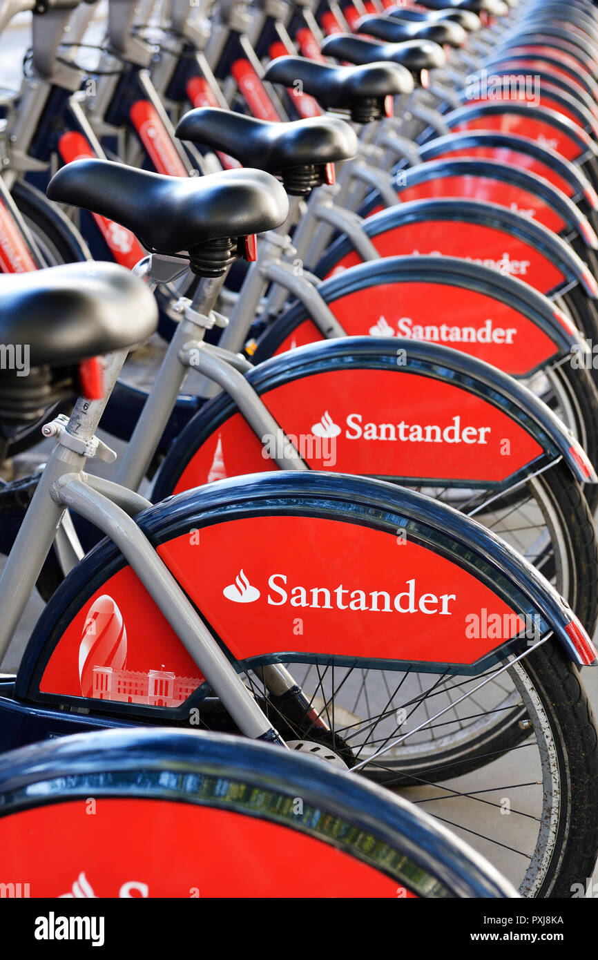 Boris Fahrräder, Santander Zyklen Fahrradverleih Regelung, London, Vereinigtes Königreich Stockfoto
