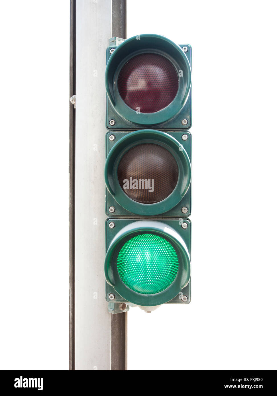 Ampel auf Grün isoliert auf weißem Stockfoto