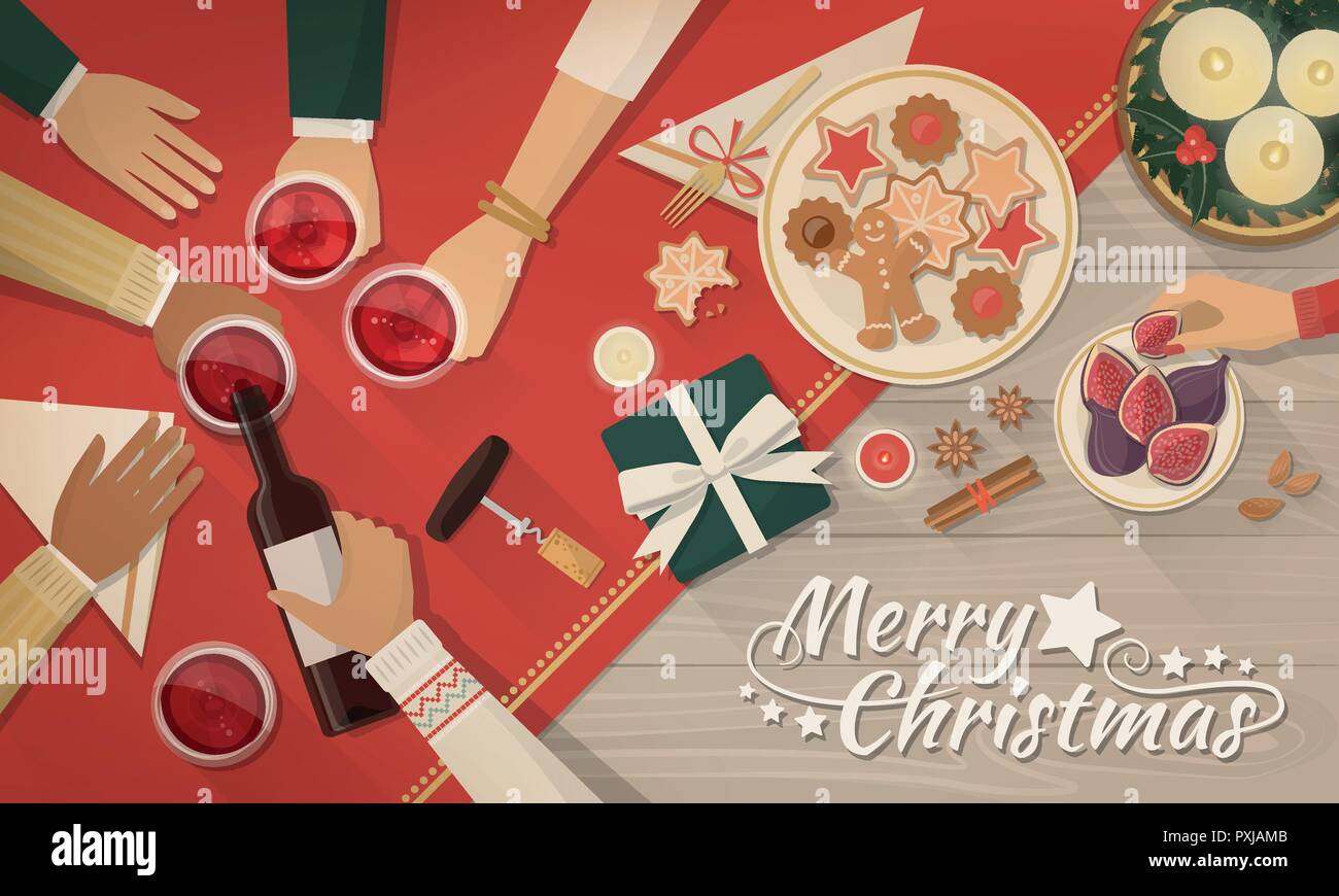 Gruppe von Freunden feiern Weihnachten zusammen, Sie trinken Wein und Essen Stock Vektor