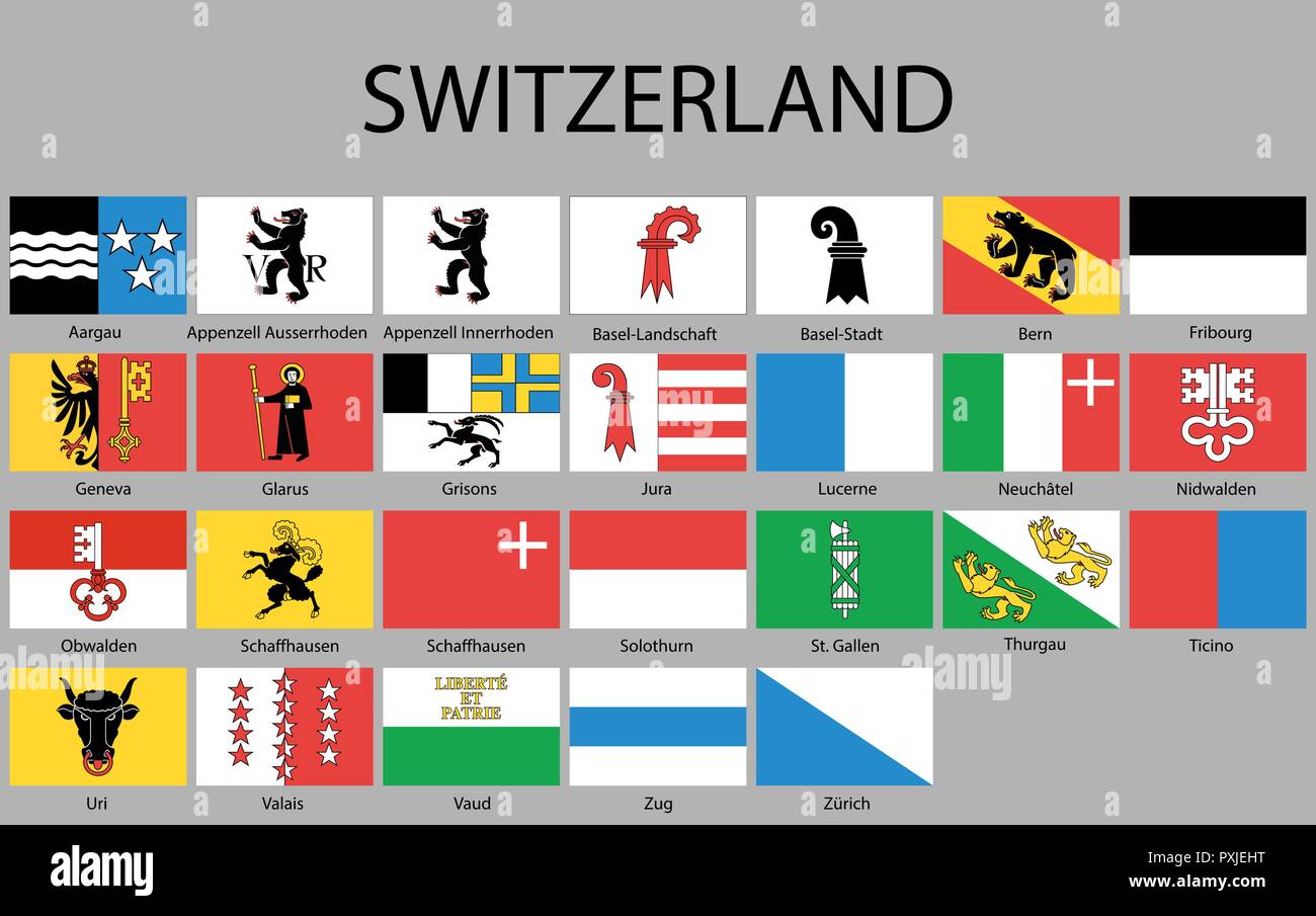 Alle Flaggen der Regionen der Schweiz. Vector Illustration Stock Vektor