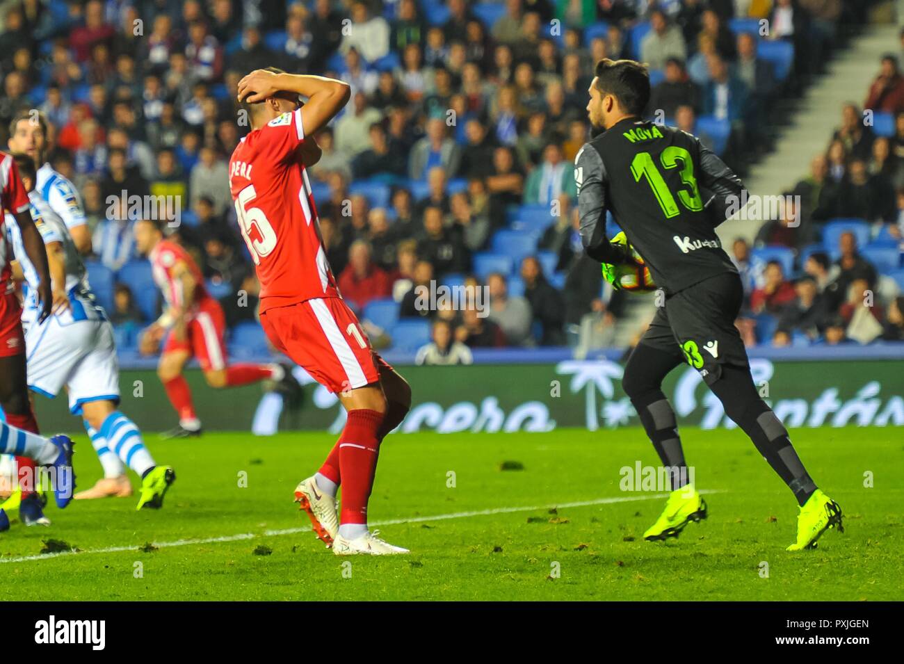 San Sebastian, Spanien. 22 Okt, 2018. Juanpe Ramirez von Girona reagiert während der spanischen Liga Fußballspiel zwischen Real Sociedad und Girona an der Anoeta Stadium am 22. Oktober 2018 in San Sebastian, Spanien Quelle: CORDON PRESSE/Alamy leben Nachrichten Stockfoto