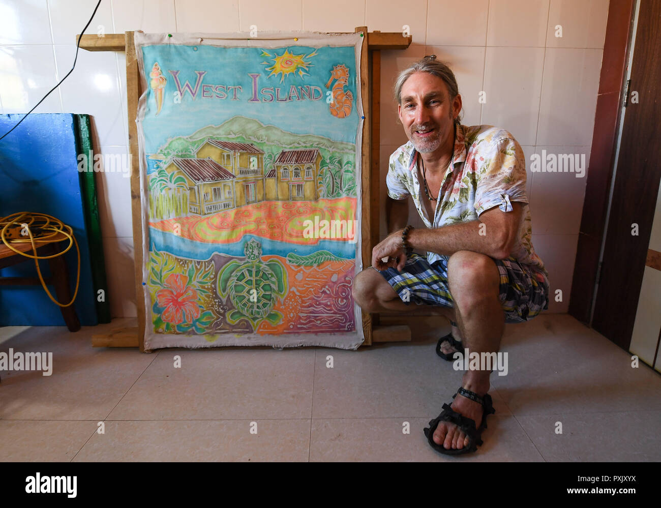 (181023) - HAIKOU, Oktober 23, 2018 (Xinhua) - kanadische Craig Anderson posiert für ein Foto neben seiner Malerei an der Umweltfreundlichkeit und Nachhaltigkeit Service Center der West Insel in Sanya, South China Hainan Provinz, Sept. 19, 2018. Anderson kam im Februar an der West Island, bewohnt von rund 4.000 Personen. Einheimische angesehen Anderson als eine Art Schnitzeljagd, als er das erste Mal hier war, als er um den Strand fast jeden Tag wanderte, Treibholz, Plastikflaschen, zerbrochene Gläser, und rostige Stück Eisen. Die Zeit verging, und die Einheimischen klar, dass Anderson ist ein Künstler, der sich in der Envir widmet. Stockfoto