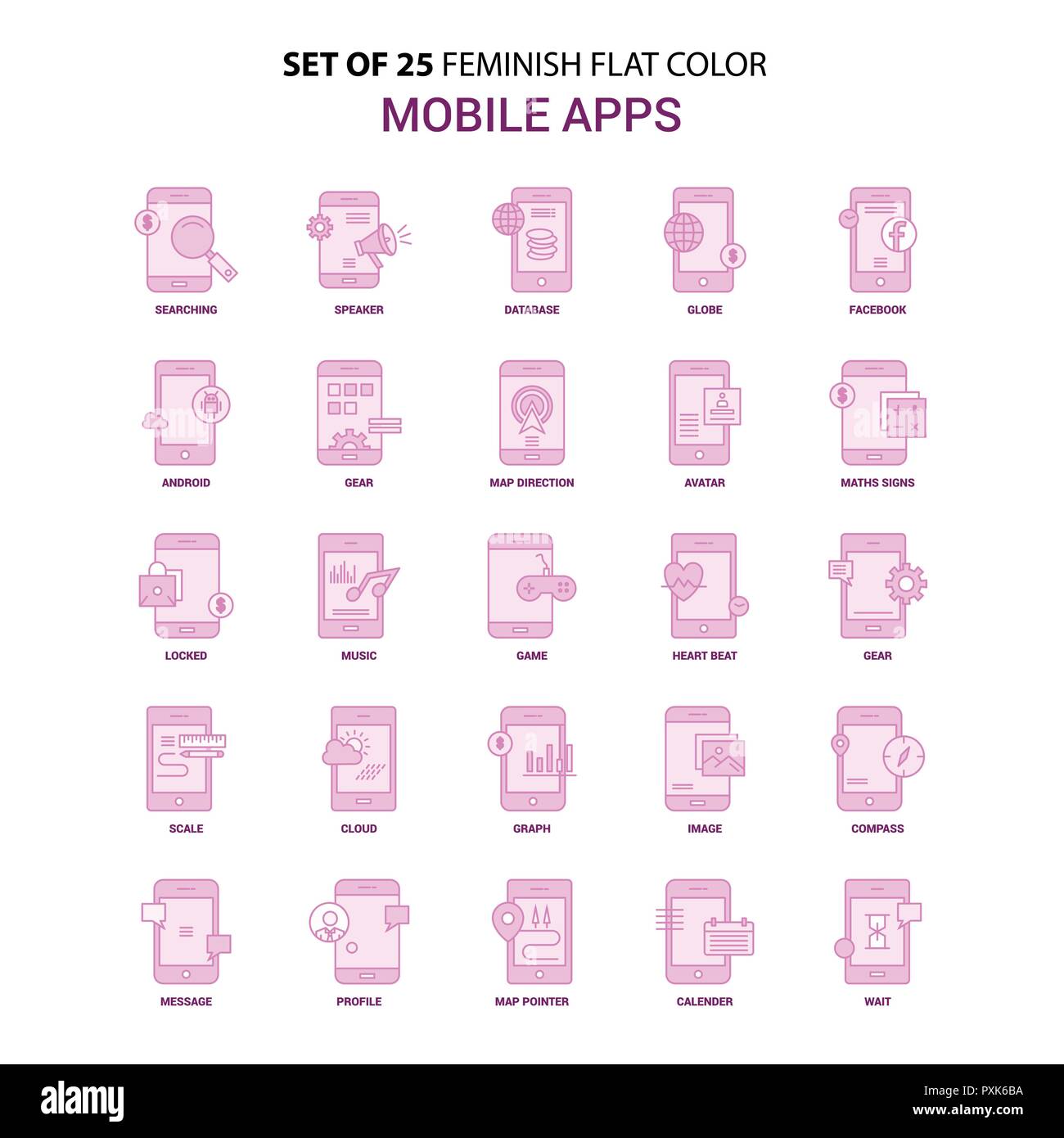 Satz mit 25 Feminish Mobile Apps flach Farbe Pink Icon Set Stock Vektor