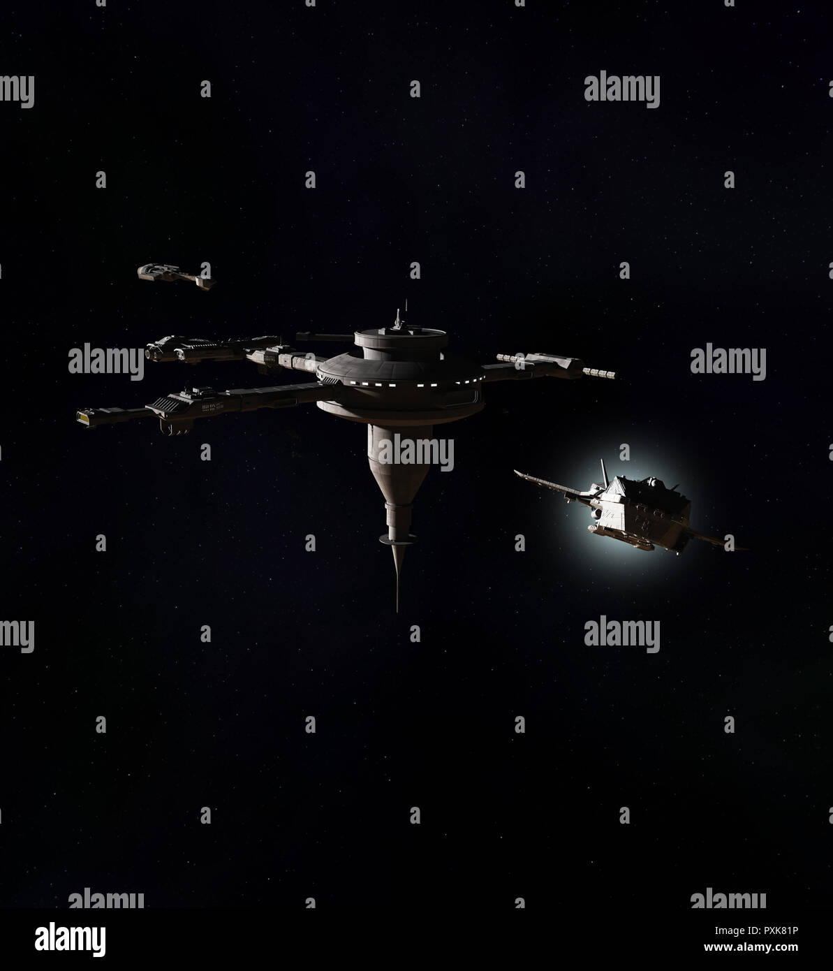 Interstellare Raumschiff Verlassen einer Raumstation Deep-Space Stockfoto