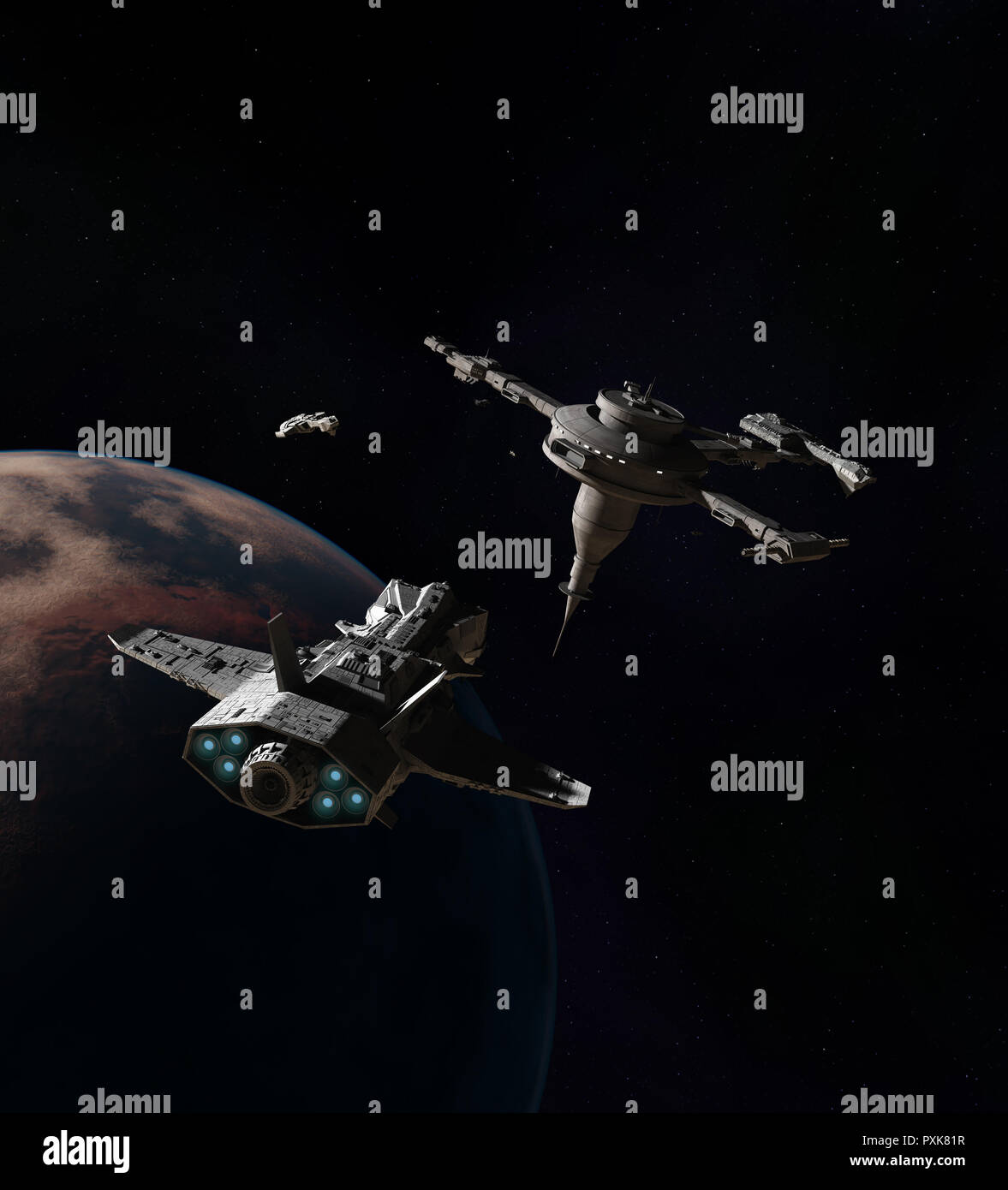 Raumschiffe Annäherung an eine Raumstation über einen fremden Planeten Stockfoto