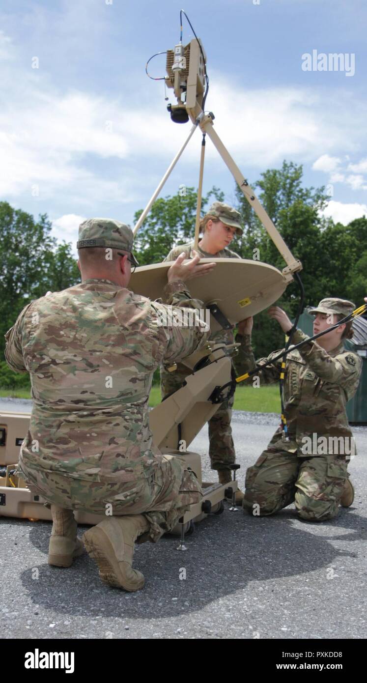 Sgt. Zachary Teisher, Pfc. Cassie Cowell, und Pfc. Molly Shoup, Human Resource Spezialisten mit der 213 Personal Company, 728th bekämpfen Sustainment Support Bataillons, 213 Region Support Group, Pennsylvania Army National Guard, montieren Sie einen Very Small Aperture Terminal, Sat-Anlagen, als Höhepunkt nach einer Kommunikation Klasse durch die Bekämpfung der 728th Sustainment Unterstützung Bataillon am Fort Indiantown Gap Juni 8, 2017 angeboten. Stockfoto