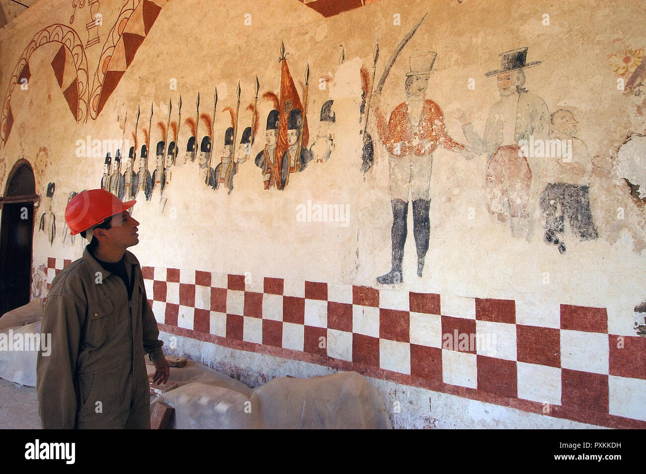 Die Wiederherstellung der inneren Fresken von San Ignacio De Velasco Mission. Stockfoto