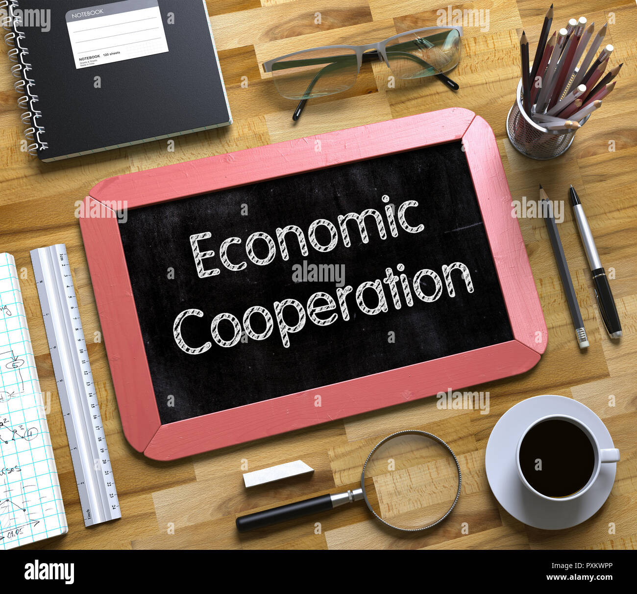 Kleine Schiefertafel mit der Wirtschaftlichen Zusammenarbeit Konzept. 3D. Stockfoto