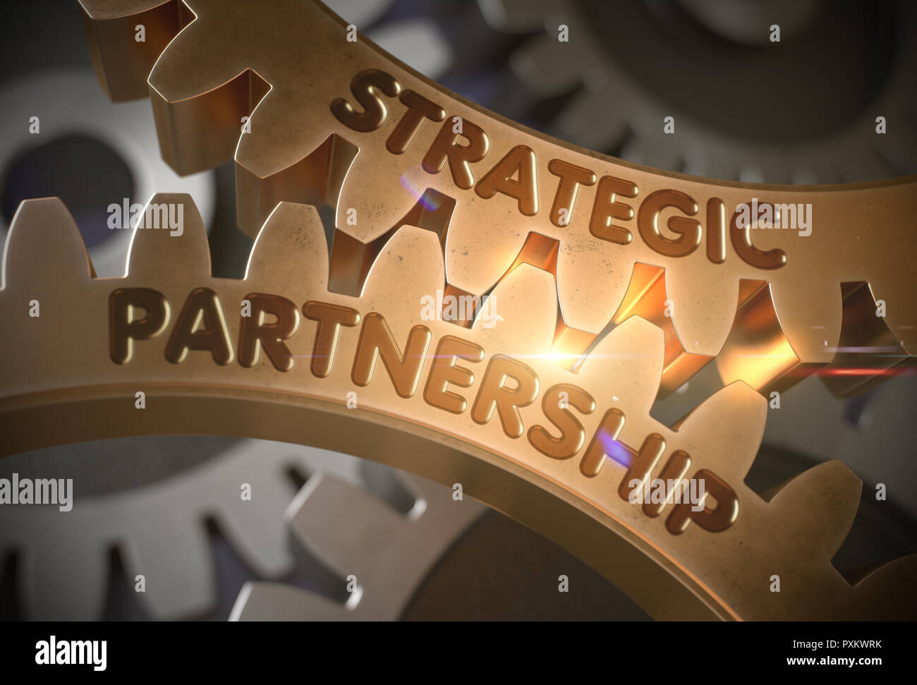 Strategische Partnerschaft auf goldenen Cog Gears. 3D-Darstellung. Stockfoto
