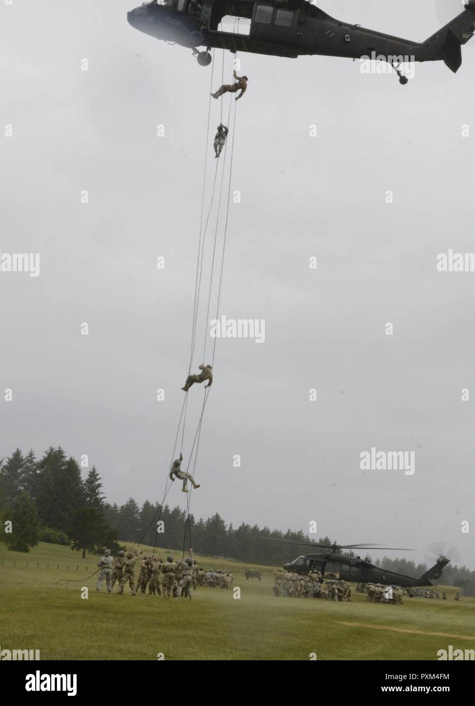 Soldaten und Piloten Abseilen aus einem UH-60 Black Hawk Hubschrauber während des Air Assault Kurs gehalten am Lager Rilea in Warrenton, Virginia, 8. Juni 2017. Abseilen ist einer der Tests service Mitglieder ausführen muss, um die Air Assault Badge ausgezeichnet zu werden. Der Kurs besteht aus körperlichem Training, ruck Märsche, Unterricht und praktische Übungen. Stockfoto