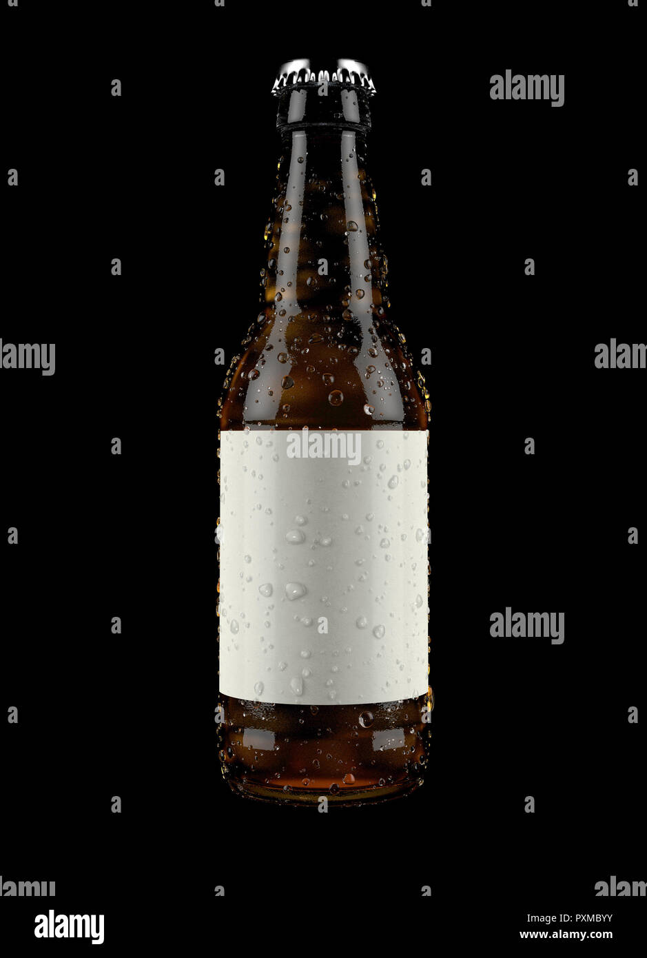 Ein klares Glas Bier oder Apfelwein Flasche mit ein leeres Etikett und Kondensation Tropfen auf einem isolierten dunklen Studio Hintergrund - 3D-Rendering Stockfoto