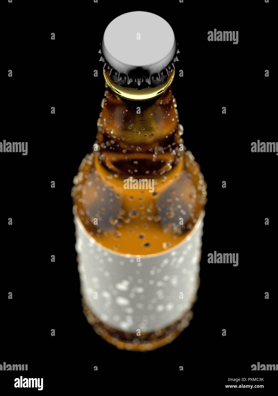 Ein klares Glas Bier oder Apfelwein Flasche mit ein leeres Etikett und Kondensation Tropfen auf einem isolierten dunklen Studio Hintergrund - 3D-Rendering Stockfoto