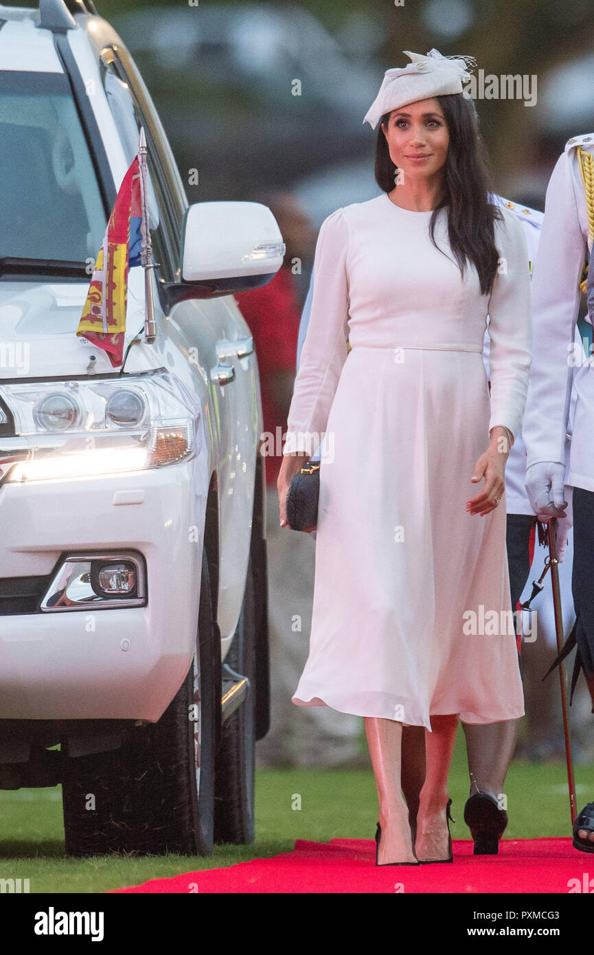 Die Herzogin von Sussex kommt für eine offizielle Begrüßungszeremonie im Albert Park in Suva, Fidschi, am ersten Tag des königlichen Paar Besuch in Fidschi und Tonga. Stockfoto