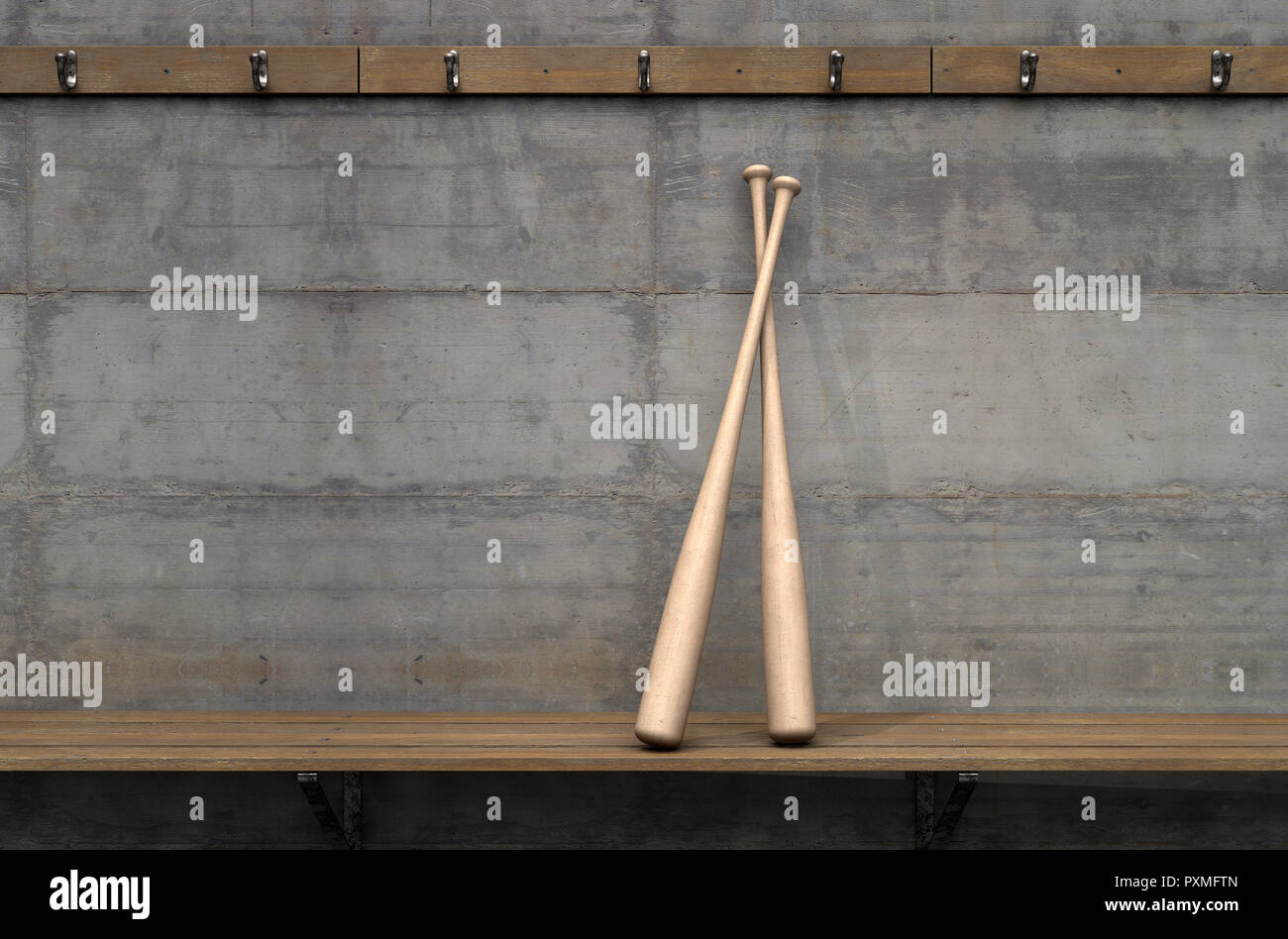 Zwei Baseballschläger auf einer Holzbank in einer heruntergekommenen sports Schließfach ändern - 3D-Rendering Stockfoto