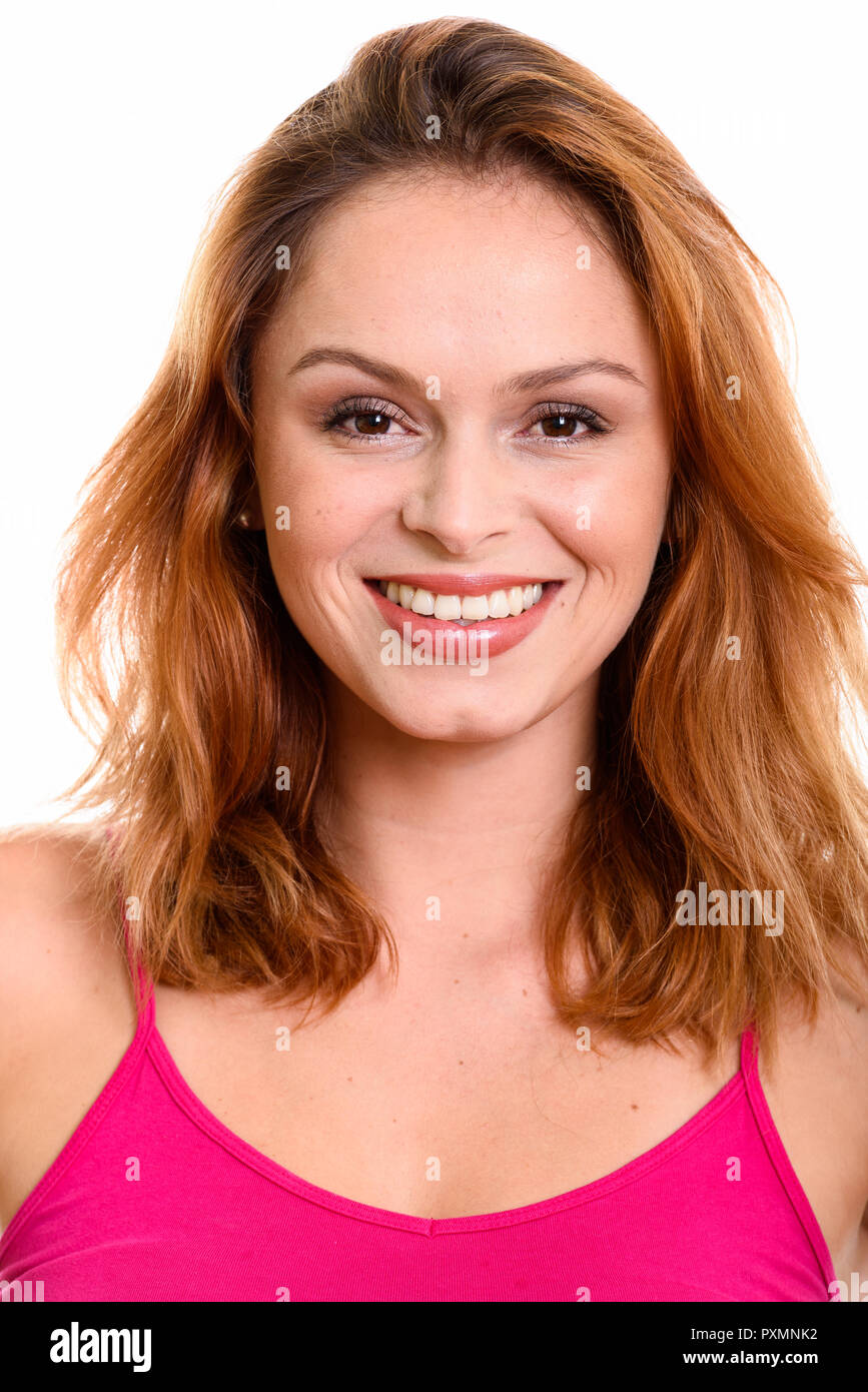 Gesicht der jungen brasilianischen Glücklich lächelnde Frau Stockfoto