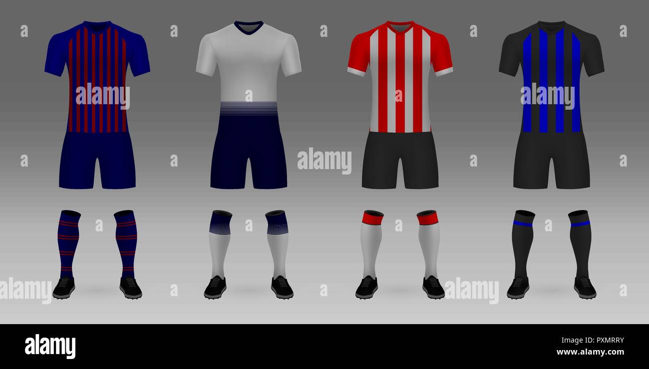 3D realistische Vorlage Soccer Jersey Barcelona, Tottenham, PSV, Inter. t-shirt mit Hose und Socken auf shop Kulisse. Mockup von Fußball Team un Stock Vektor