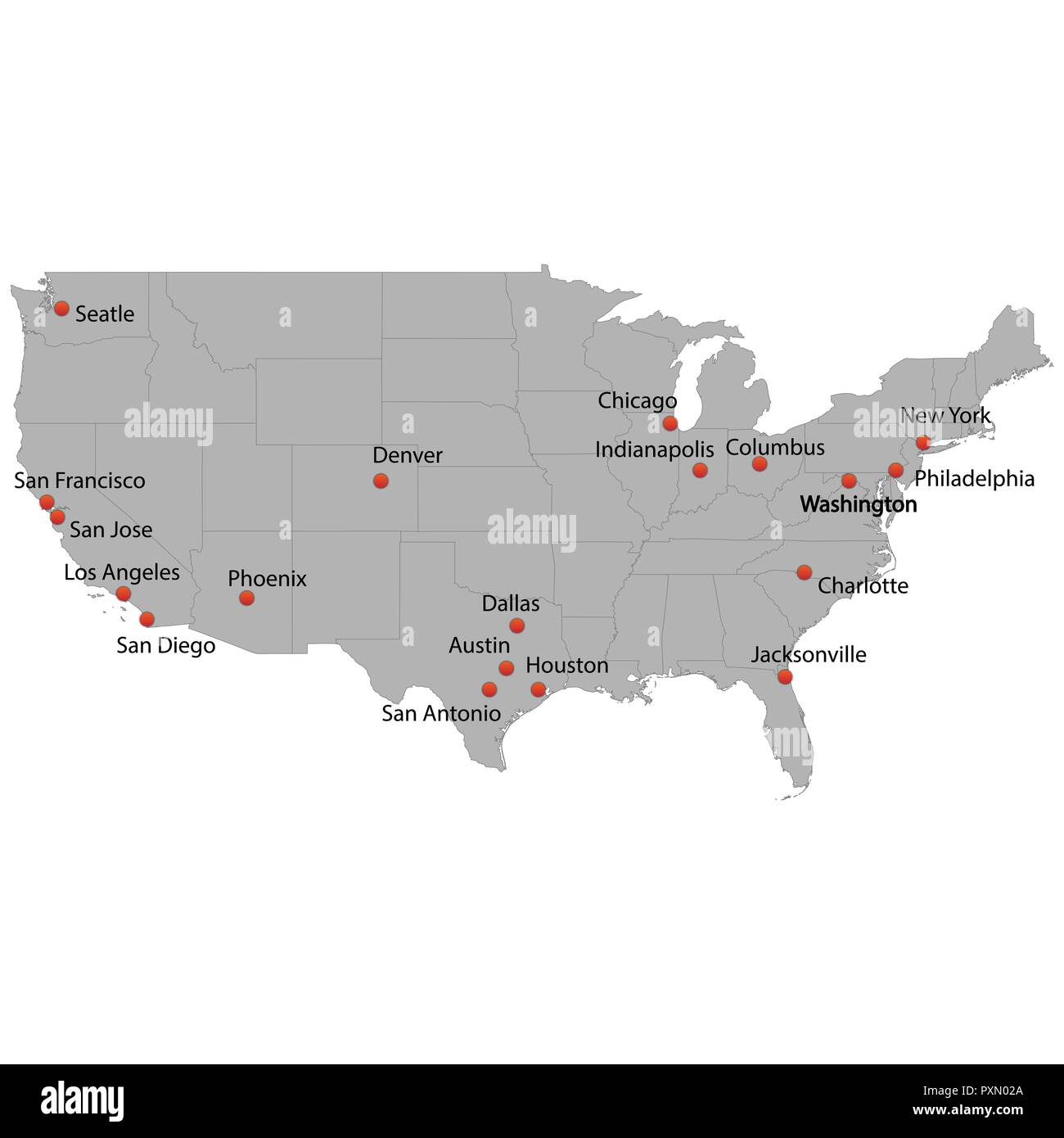 Detaillierte Karte der Vereinigten Staaten mit Städten Stock Vektor