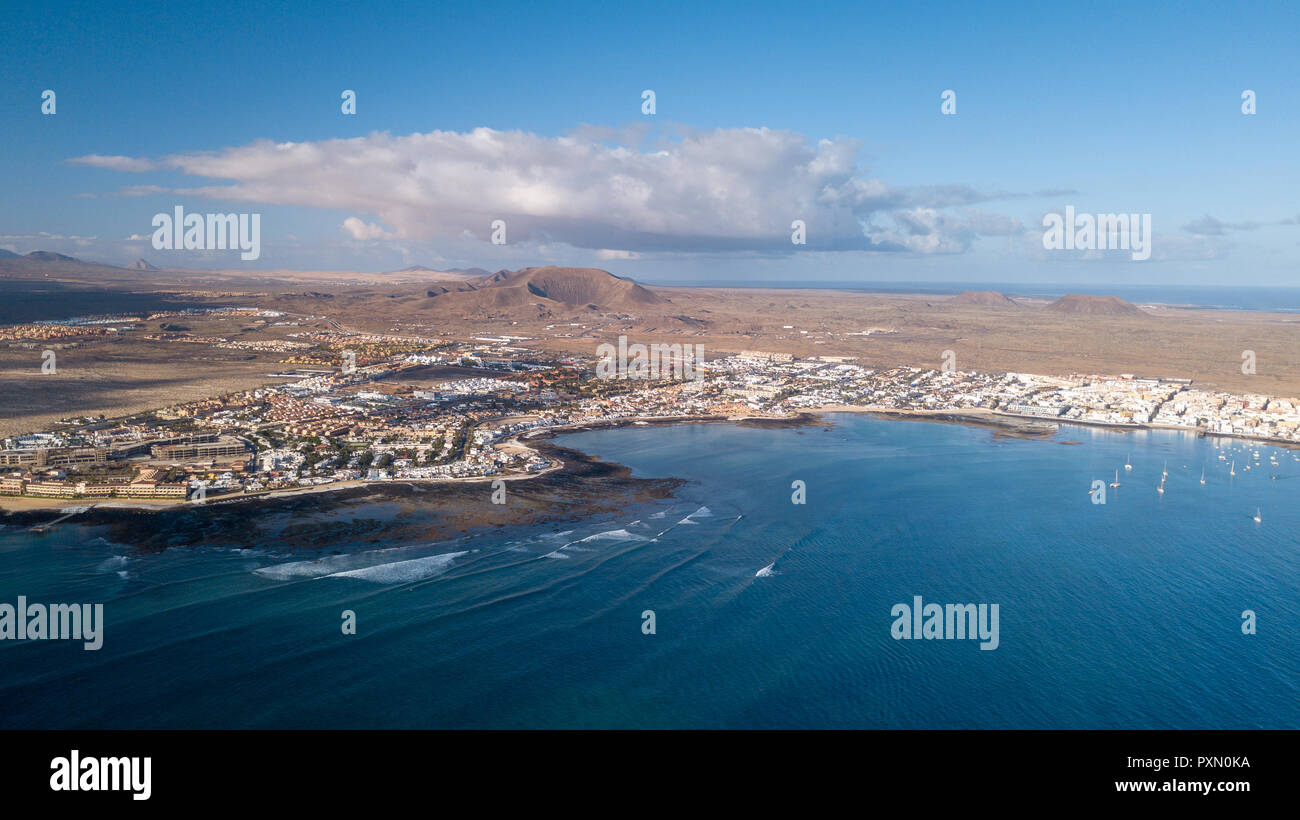 Luftbild der Bucht von Corralejo, Fuerteventura - Kanarische Inseln Stockfoto