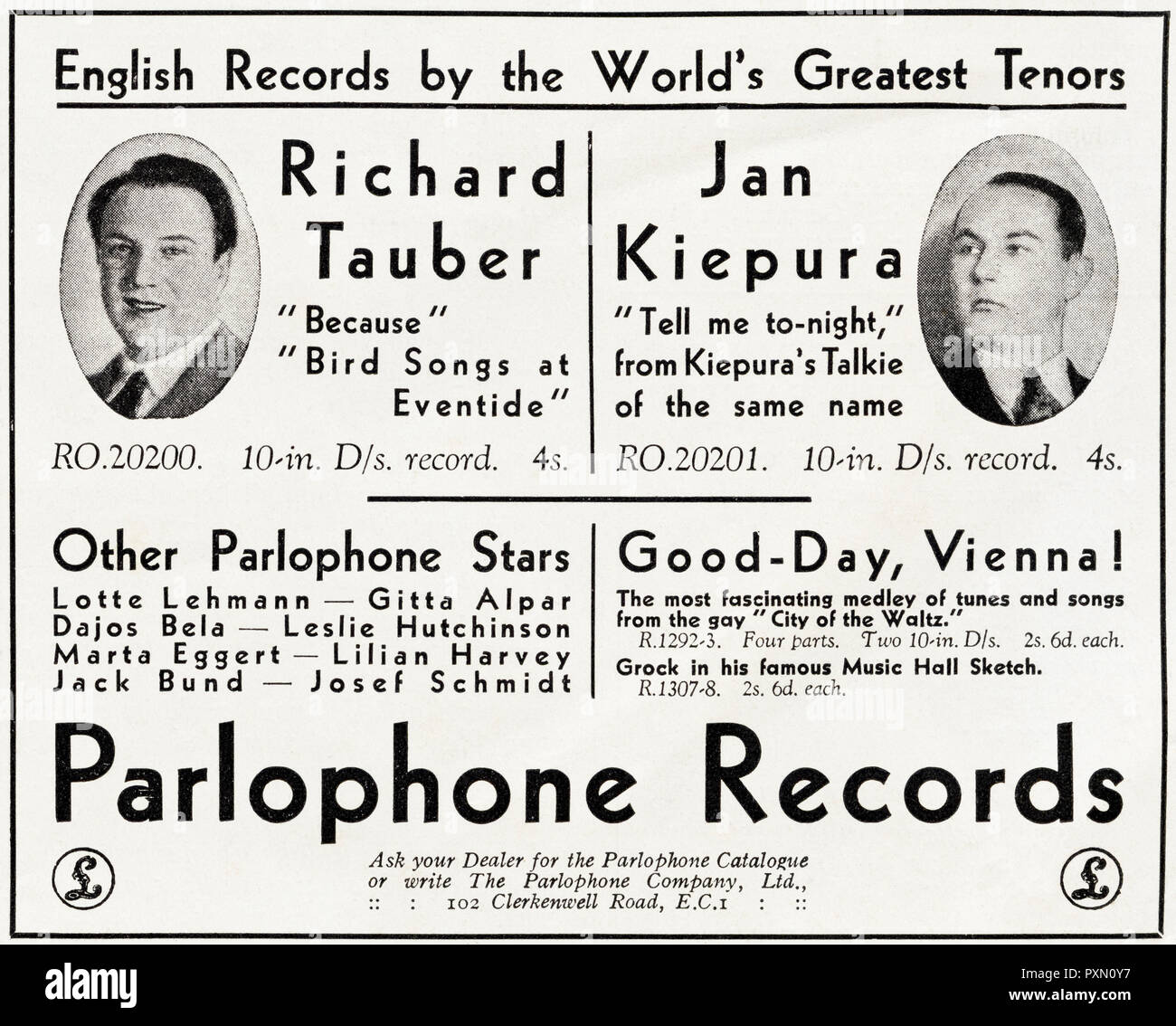 1930er Jahre alten Vintage original advert Werbung Parlophone Records mit tenors Richard Tauber und Jan Kiepura in Englisch Magazin ca. 1932 Stockfoto