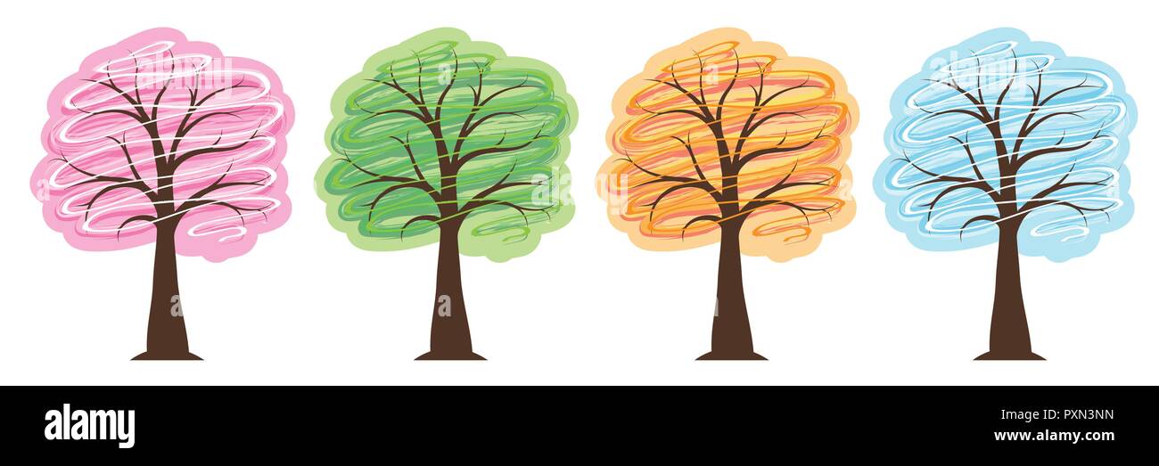 Bäume in hellen Farben mit vier Jahreszeiten Frühling Sommer Herbst Winter Vektor-illustration EPS 10. Stock Vektor