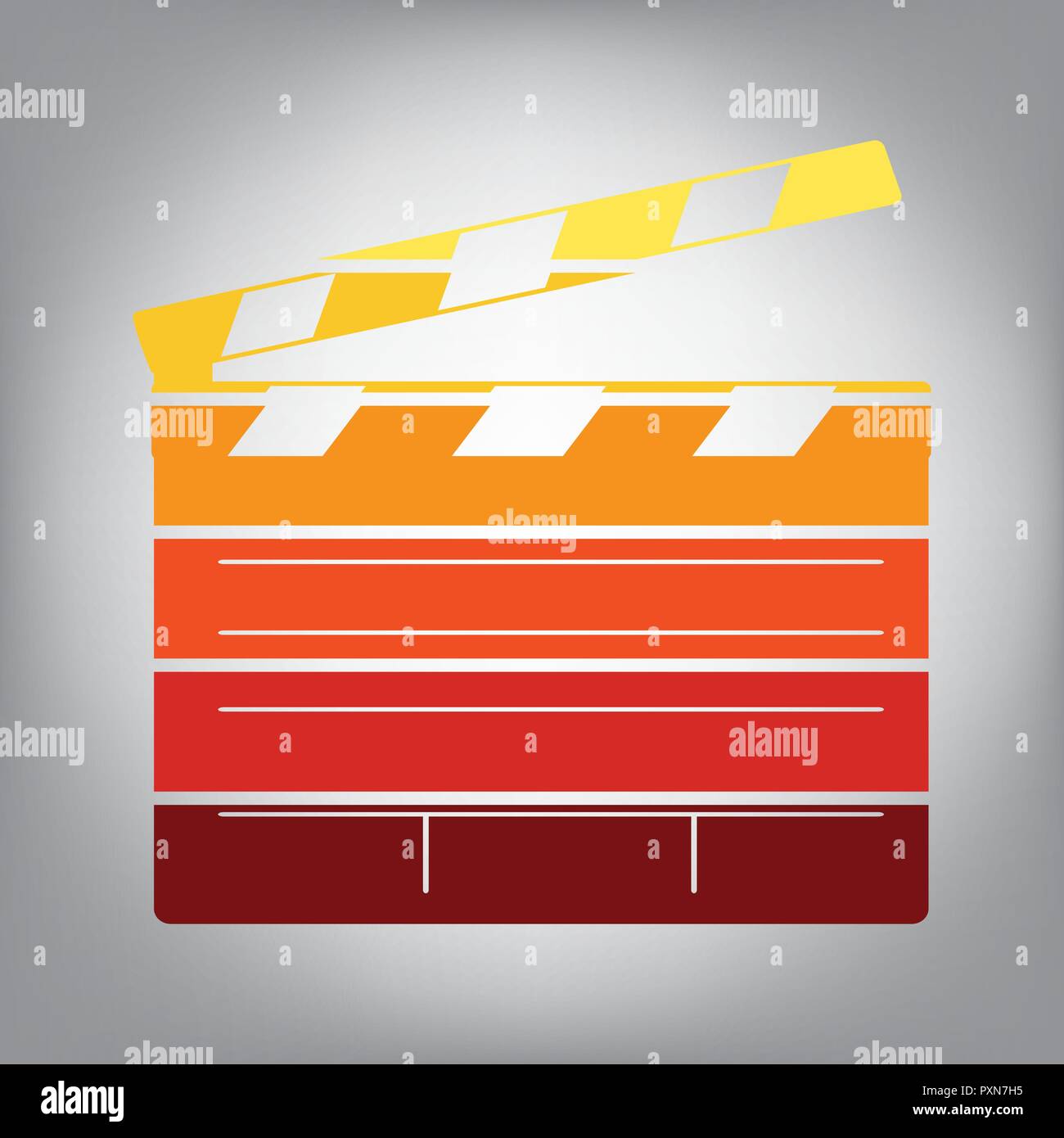 Film klatschen board Kino anmelden. Vektor. Horizontal geschnitten Symbol mit Farben aus dem sonnigen Gradient in grauen Hintergrund. Stock Vektor