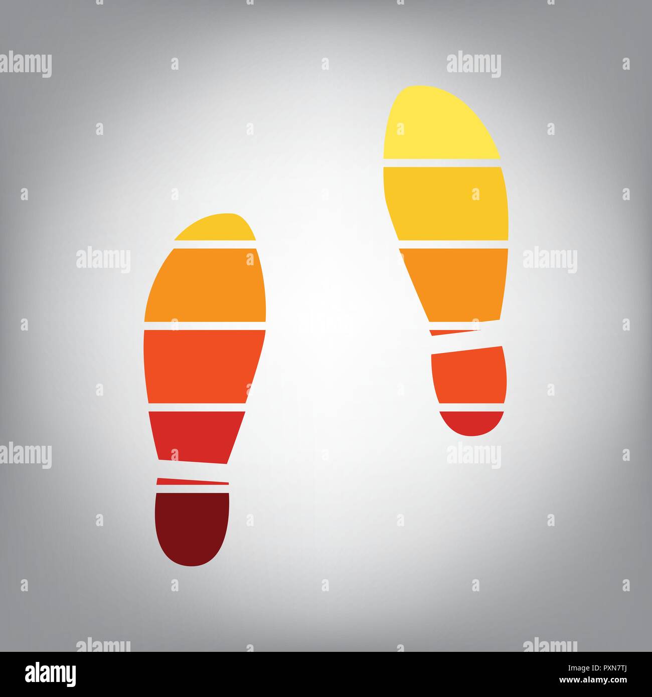 Impressum Sohlen Schuhe unterzeichnen. Vektor. Horizontal geschnitten Symbol mit Farben aus dem sonnigen Gradient in grauen Hintergrund. Stock Vektor