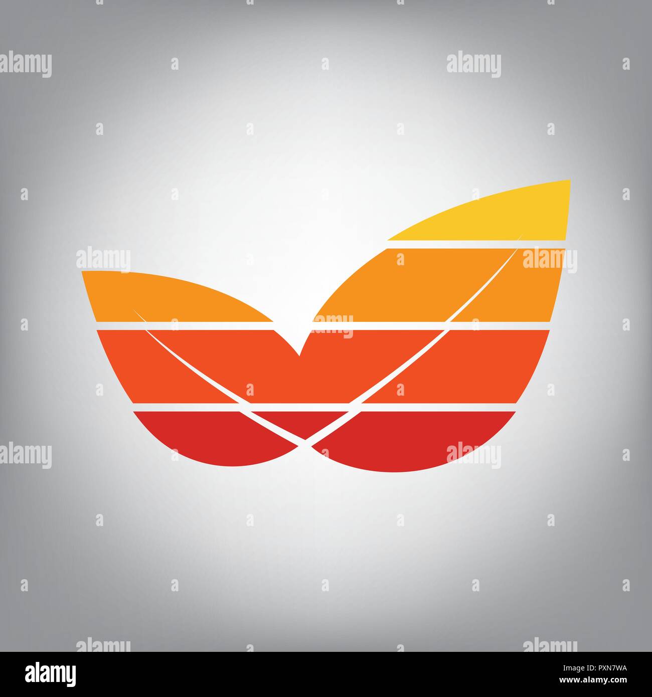 Leaf zeichen Abbildung. Vektor. Horizontal geschnitten Symbol mit Farben aus dem sonnigen Gradient in grauen Hintergrund. Stock Vektor