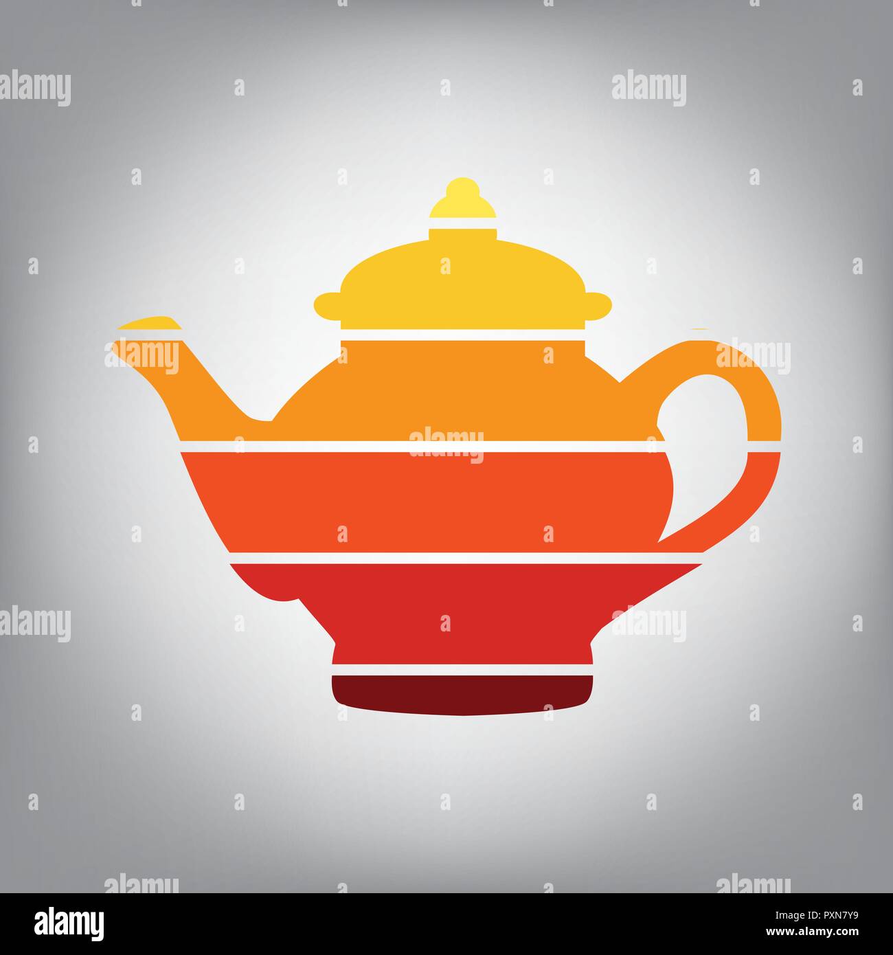 Teekocher unterzeichnen. Vektor. Horizontal geschnitten Symbol mit Farben aus dem sonnigen Gradient in grauen Hintergrund. Stock Vektor