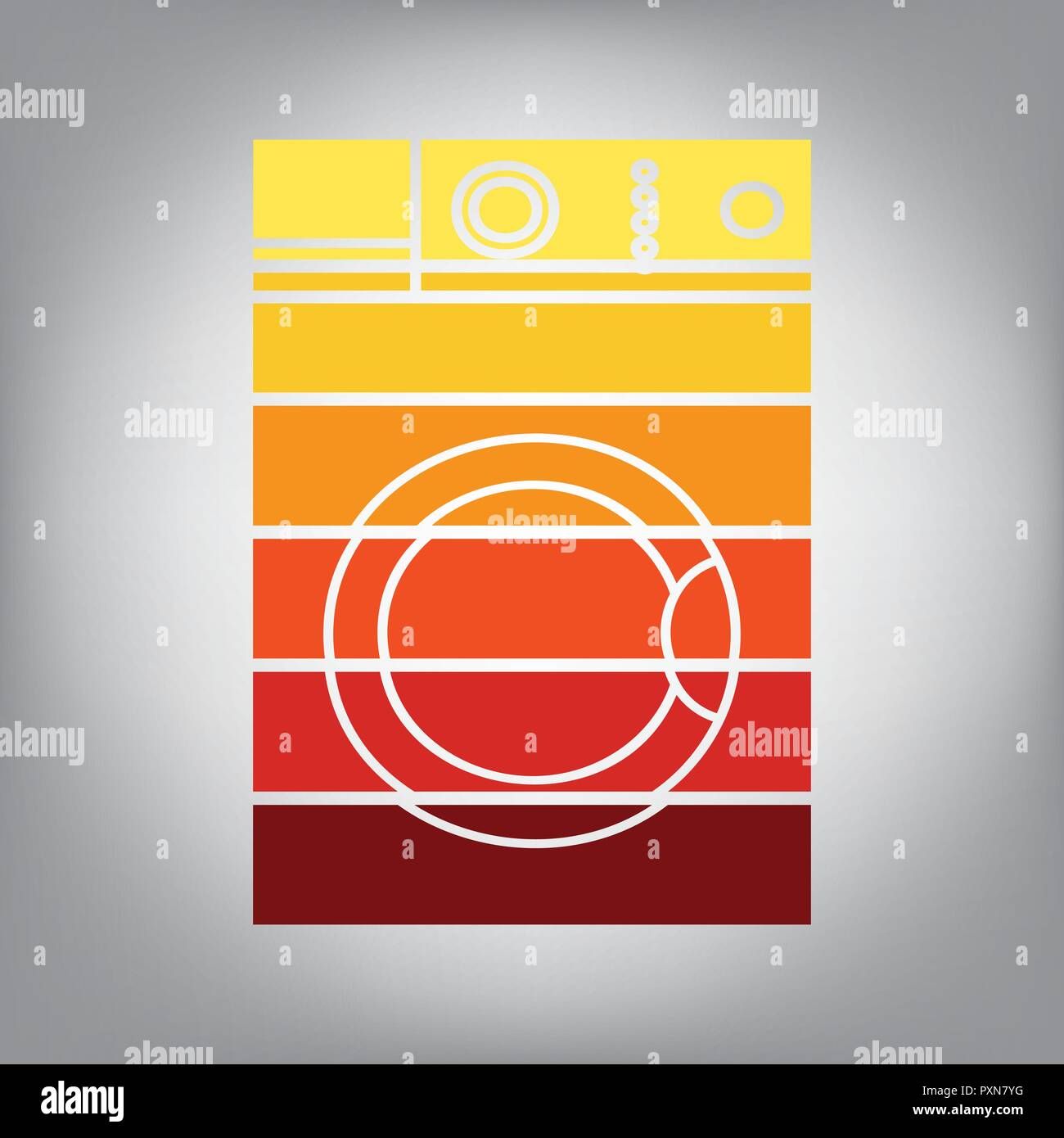 Waschmaschine unterzeichnen. Vektor. Horizontal geschnitten Symbol mit Farben aus dem sonnigen Gradient in grauen Hintergrund. Stock Vektor