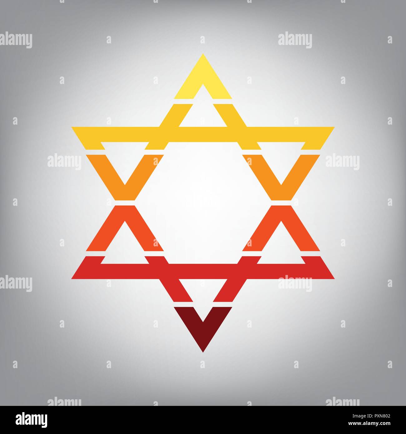 Schild Magen David Stern. Symbol für Israel. Vektor. Horizontal geschnitten Symbol mit Farben aus dem sonnigen Gradient in grauen Hintergrund. Stock Vektor