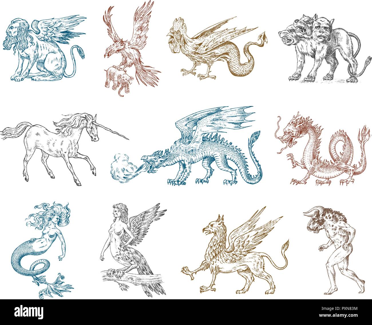 Der mythologische Tiere. Mermaid Minotaurus Einhorn chinesischer Drache Cerberus Harpy Sphinx Griffin mythischen Basilisken Roc Frau Vogel. Griechische Kreaturen. Graviert hand Antike alte vintage Skizze gezeichnet. Stock Vektor Der mythologische Tiere. Mermaid Minotaurus Einhorn chinesischer Drache Cerberus Harpy Sphinx Griffin mythischen Basilisken Roc Frau Vogel. Griechische Kreaturen. Graviert hand Antike alte vintage Skizze gezeichnet. Stock Vektor