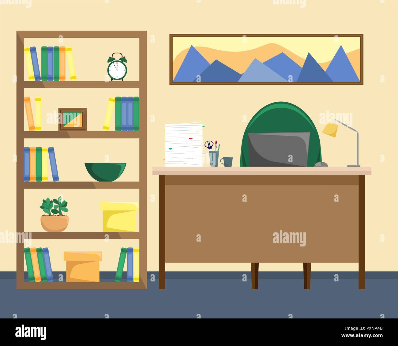 Ein Büro mit einem Bücherregal. Schreibtisch mit Lampe, einem Stapel Papier und einen Laptop. Vector Illustration. Stock Vektor