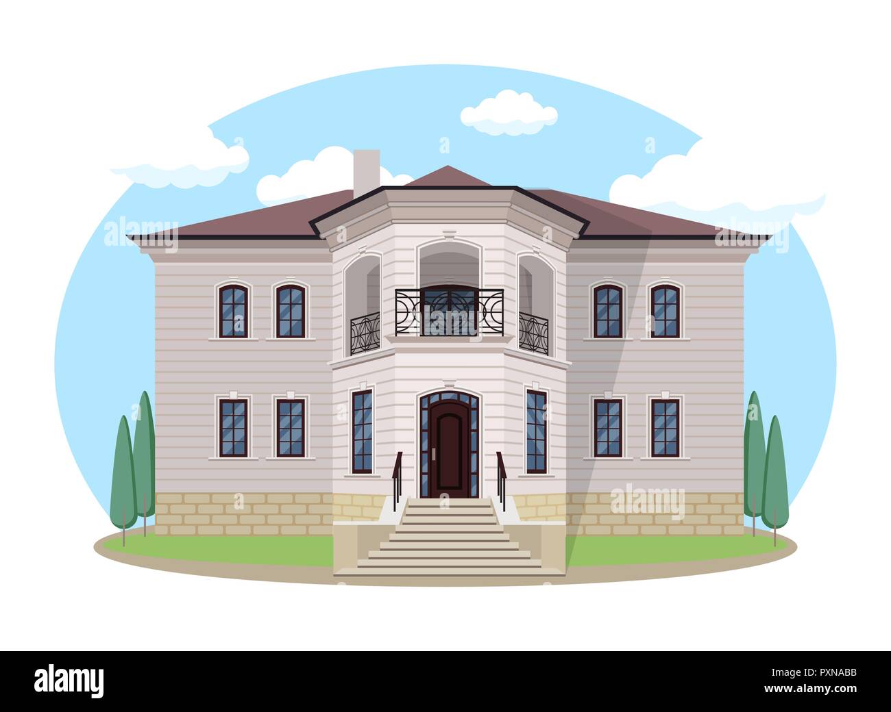 Cartoon Haus Aussen Mit Blauen Bewolkten Himmel Front Home
