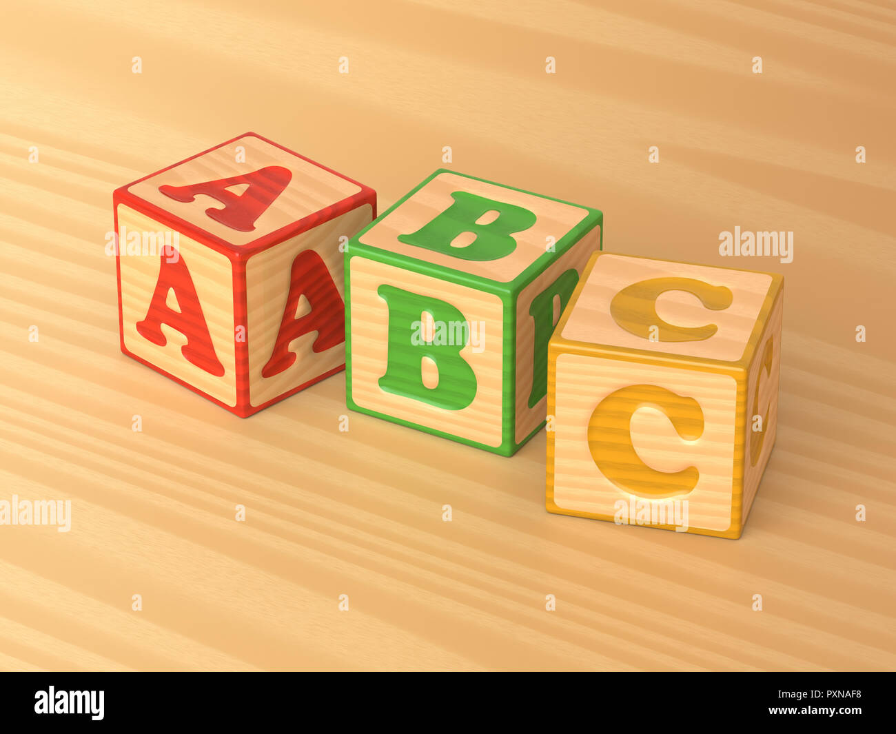 3D-gerenderte schräger Blick auf eine Reihe von roten, grünen und gelben Holzspielzeug alphabet Blöcke auf einem hellen Hintergrund. Stockfoto