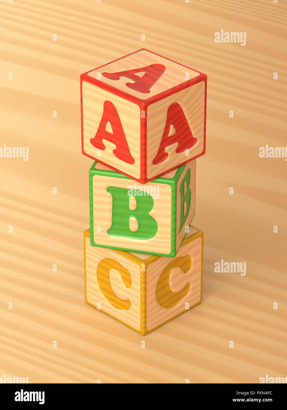 3D-gerenderte schräger Blick auf einen Stapel von Rot, Grün und Gelb Holzspielzeug alphabet Blöcke auf einem hellen Hintergrund. Stockfoto