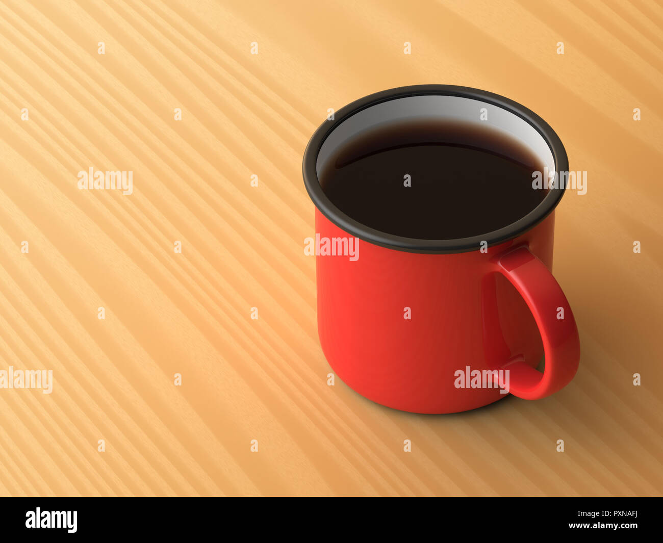 3d Ansicht des schwarzen Kaffee in einem roten Emaille Tasse auf einem hellen Hintergrund dargestellt. Stockfoto