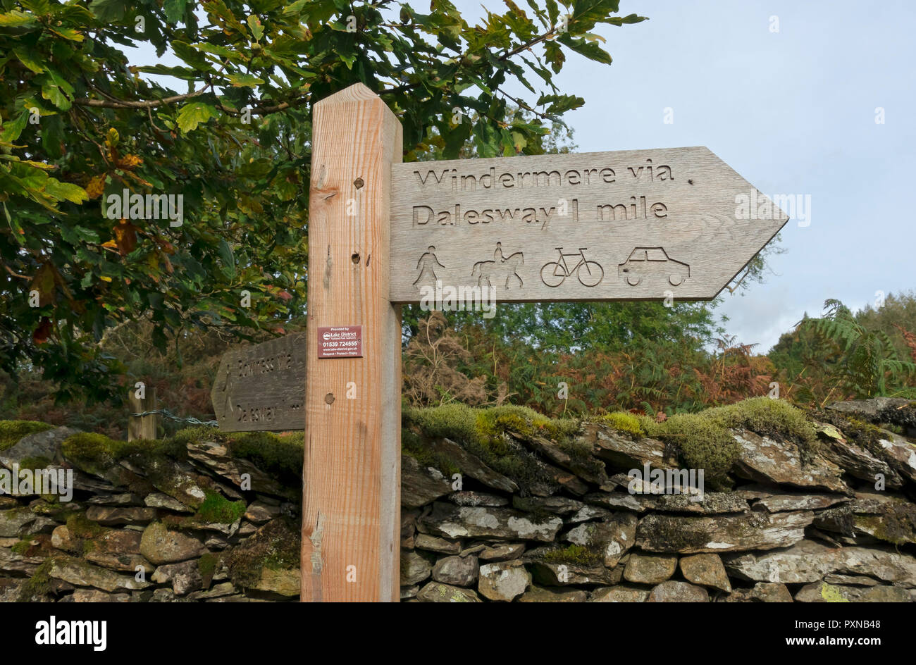 Nahaufnahme von Dalesway Walk Path öffentlichen Wanderzeichen im Spätsommer in der Nähe von Bowness auf Windermere Cumbria England Großbritannien Großbritannien Stockfoto