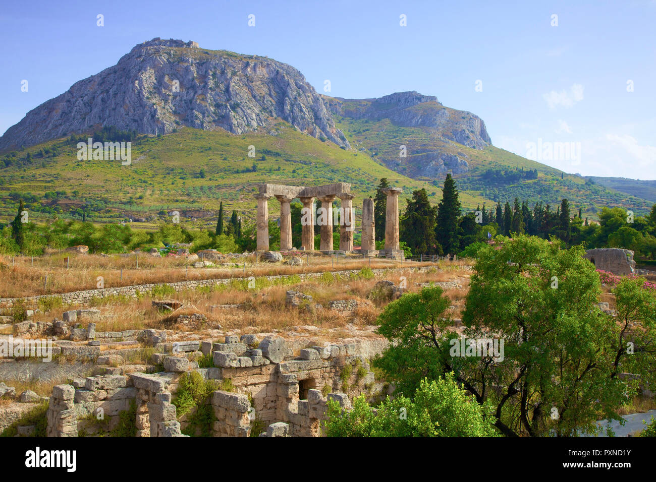Tempel des Apollo, Korinth, Peloponnes, Griechenland, Südeuropa Stockfoto