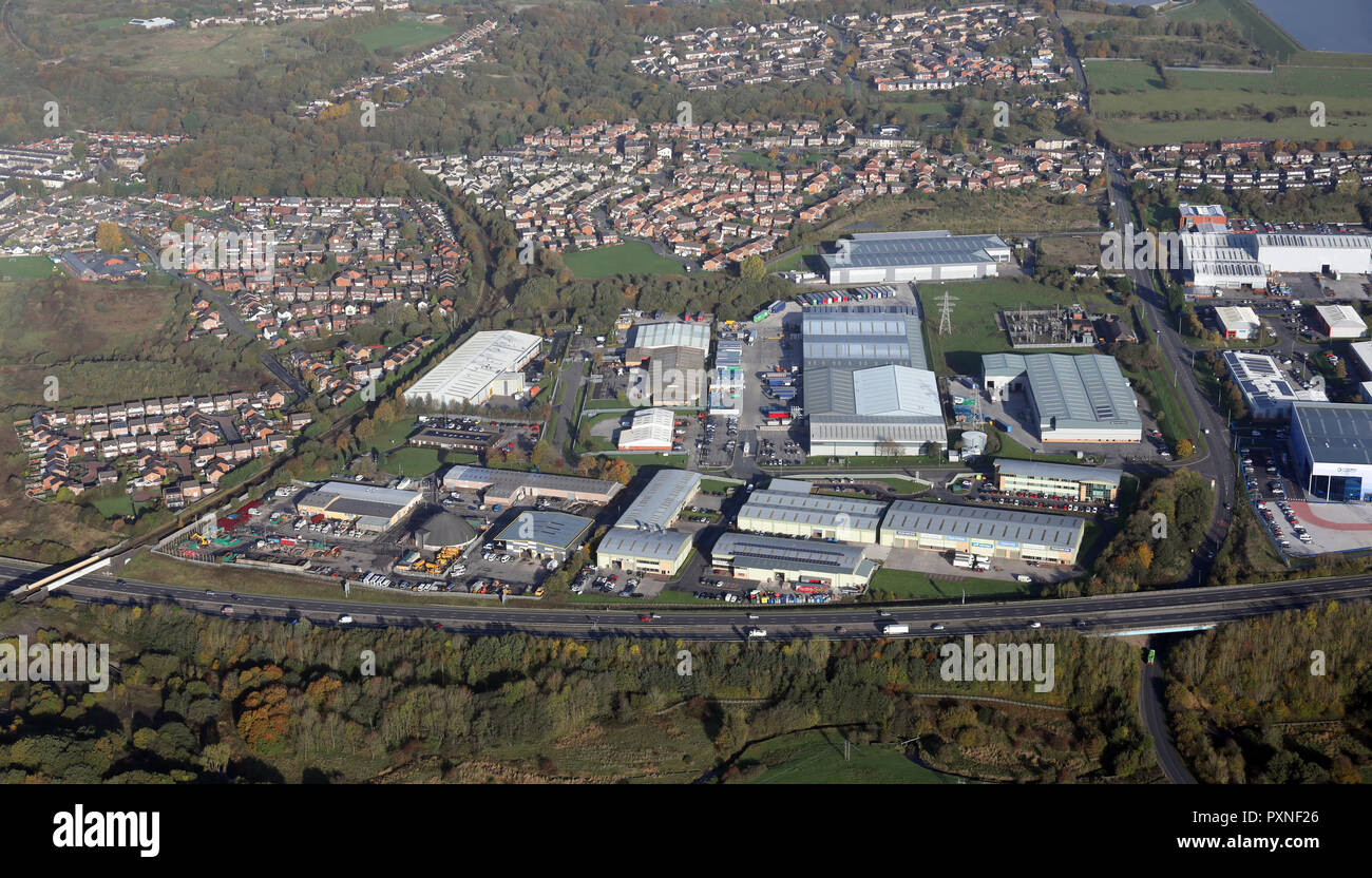 Luftaufnahme von einem Gewerbegebiet in Darwen, Blackburn, Lancashire Stockfoto