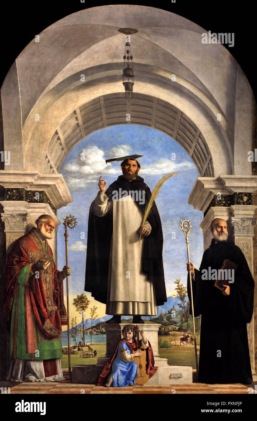 Der hl. Petrus von Verona mit Heiligen Nikolaus und Benedikt 1505-1506 von Cima da Conegliano (Giovanni Battista Cima) 1459-1517 Italien, Italienisch. Stockfoto